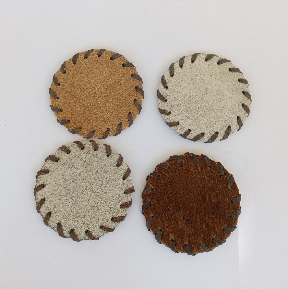 Western Vibe Set of 4 Natural Cowhide Leather Coasters Hair on Hide Southwest